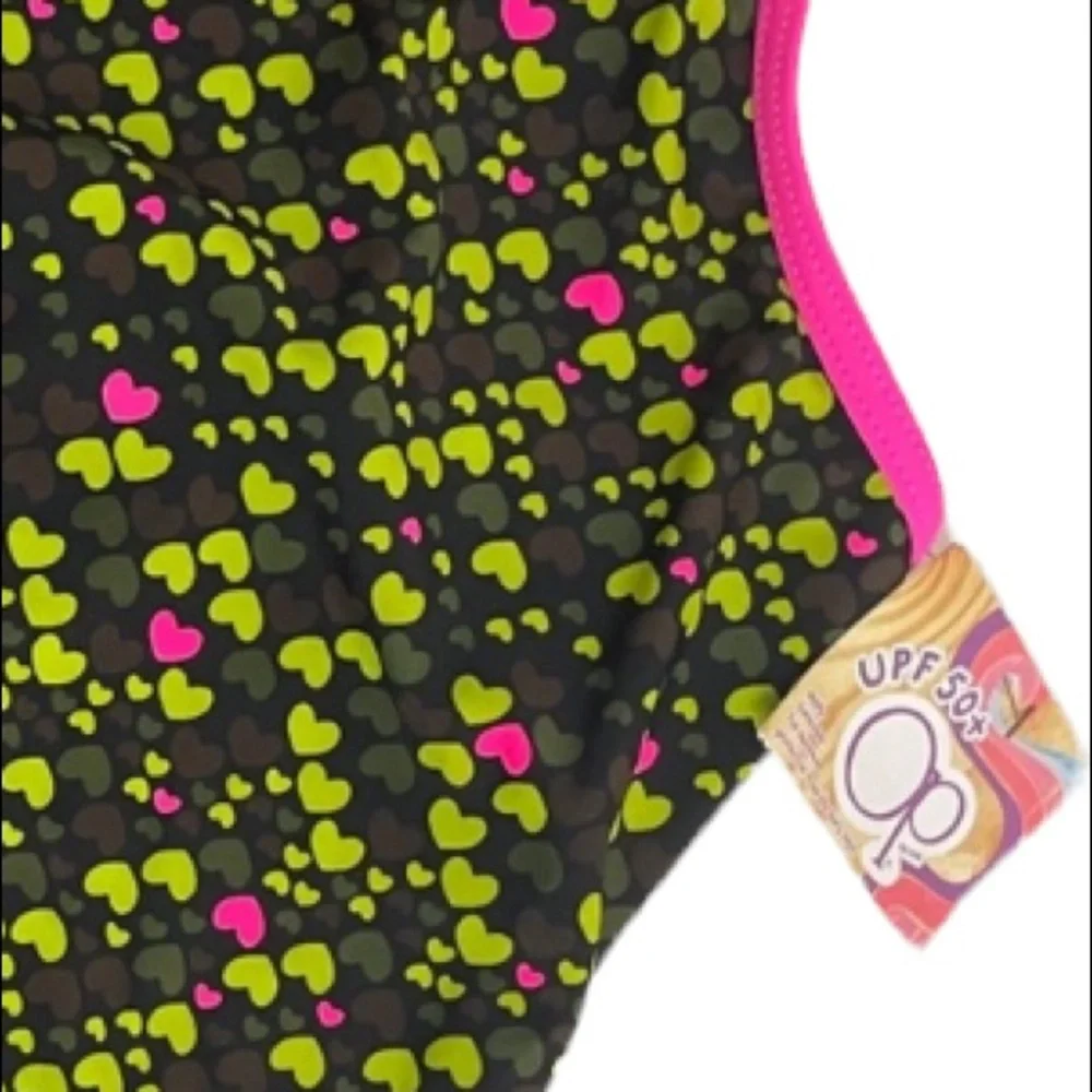 Girls Swimsuit One Piece Bathing Suit Hearts Summer Beach Pool Green Pink White